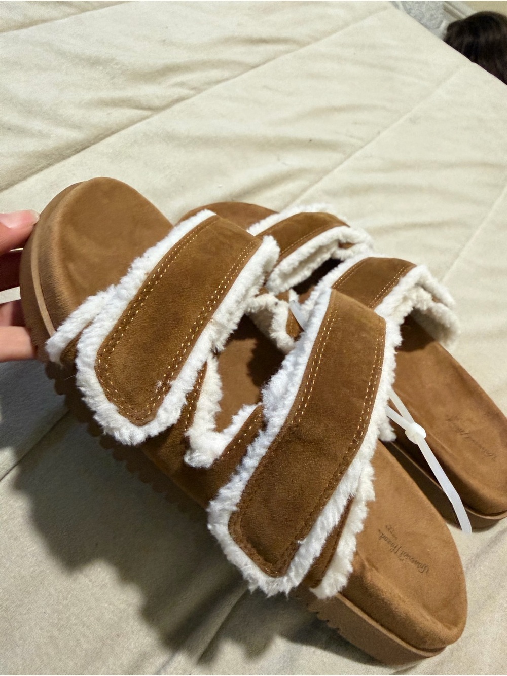 Universal Thread Brown Faux-Suede Slide Sandals with White Shearling Trim
